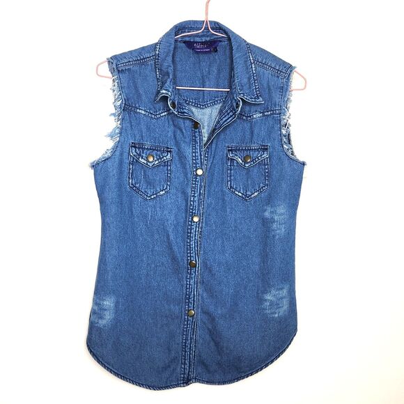 Miley Cyrus Denim Vest Distressed Sz. S Grunge Frayed Med. Wash Sleeveless - Picture 1 of 7